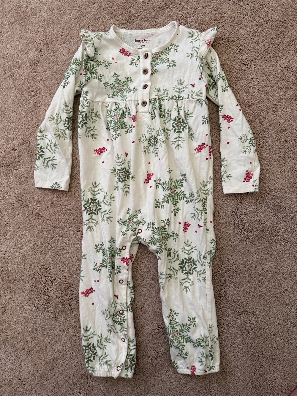 Burt’s Bees Baby Cream Baby Romper with Green Holly, Red Berry Snowflake Print